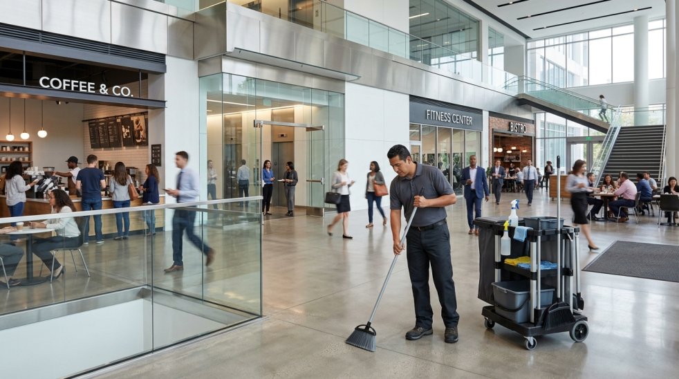 Porter cleaning office building lobby floor near coffee shop and fitness center as people walk by